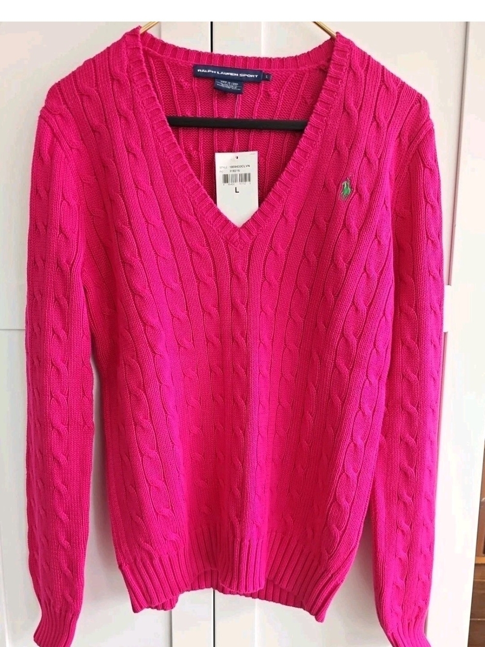 Ralph Lauren Pink Cable-Knit V-Neck Sweater Size Large.